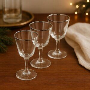 Vintage set of 3 Silver Rim Wine Glasses 5" Mid Century Cordial Goblets Retro Ba